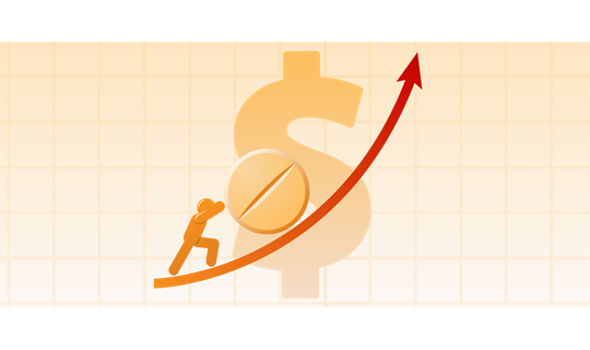 Abstract figure pushing pill up with US dollar sign